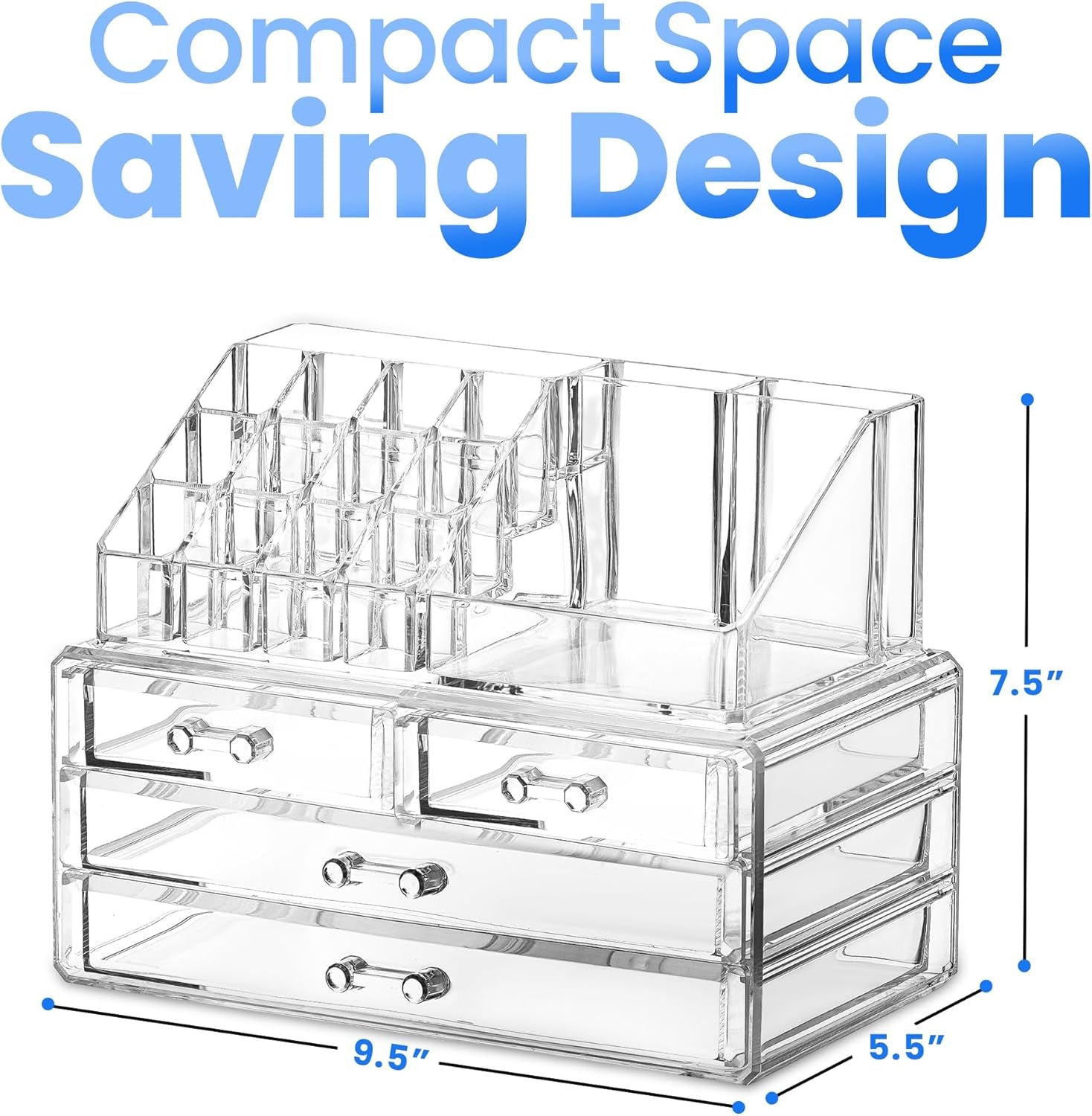 Clear Makeup Organizer - 16-Compartment Cosmetic and Jewelry Holder with 4 Drawers - Vanity Storage Box for Makeup, Skincare, Accessories, and Jewelry Display