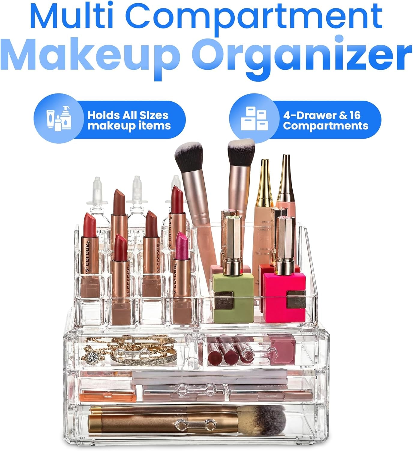 Clear Makeup Organizer - 16-Compartment Cosmetic and Jewelry Holder with 4 Drawers - Vanity Storage Box for Makeup, Skincare, Accessories, and Jewelry Display